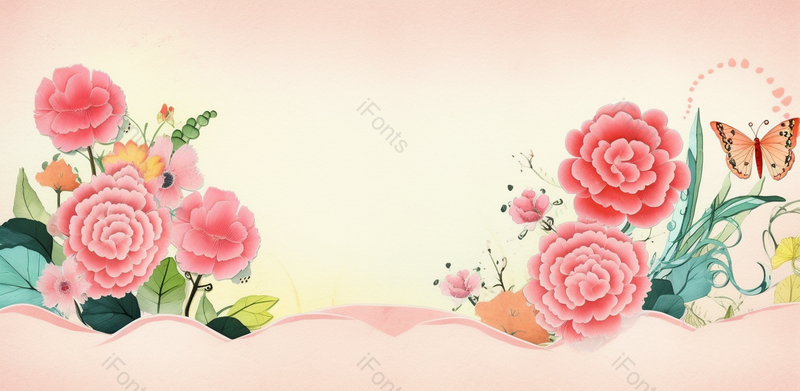 母亲节文艺手绘banner鲜花花朵康乃馨牡丹花瓣蝴蝶飞舞花草,插画/手绘图,插画/手绘图库,插画/手绘图下载,插画/手绘